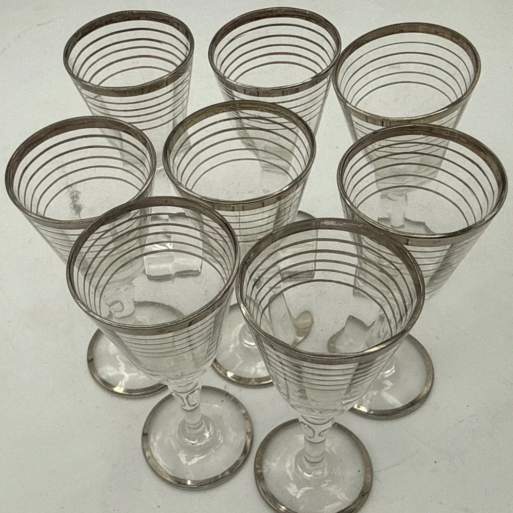 Vintage Mid Century Platinum Striped Wine Glasses Silver Rim Cocktail Stemware 8